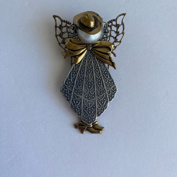 Vintage Angel Cowgirl Brooch Pin 2.25" H Pearl Cowboy Hat & Boots Gold Silver - Picture 1 of 5